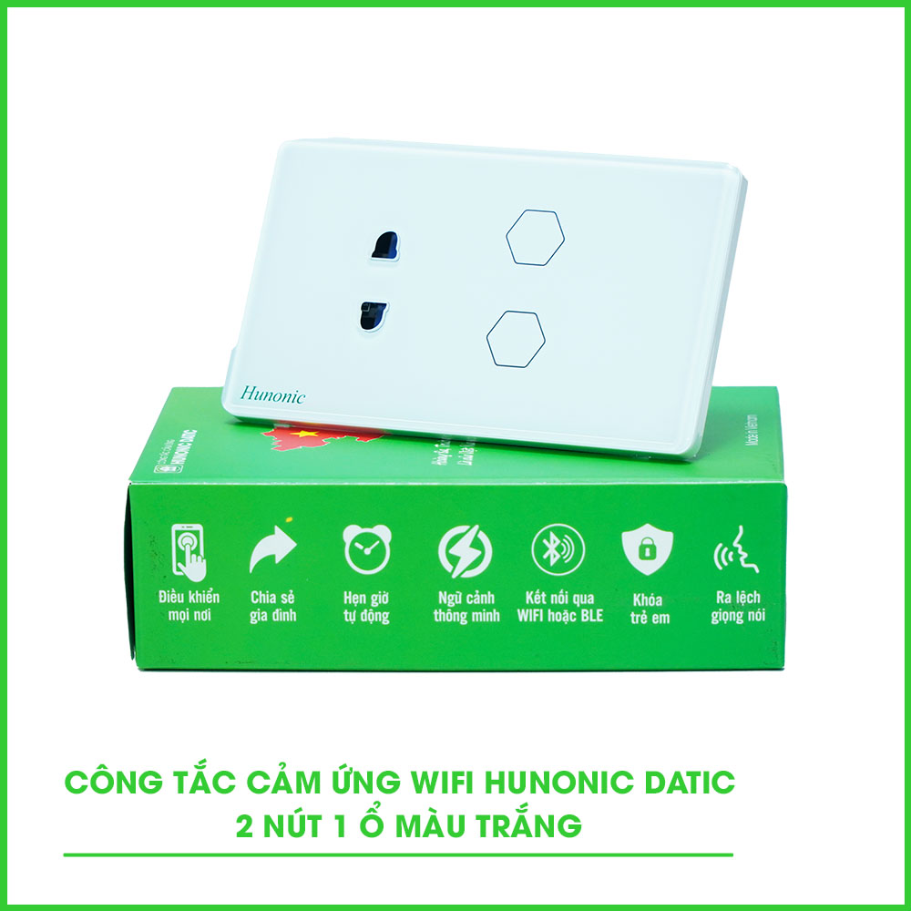 Công Tắc Cảm Ứng Wifi 2 Nút kèm ổ Hunonic Datic Màu Trắng